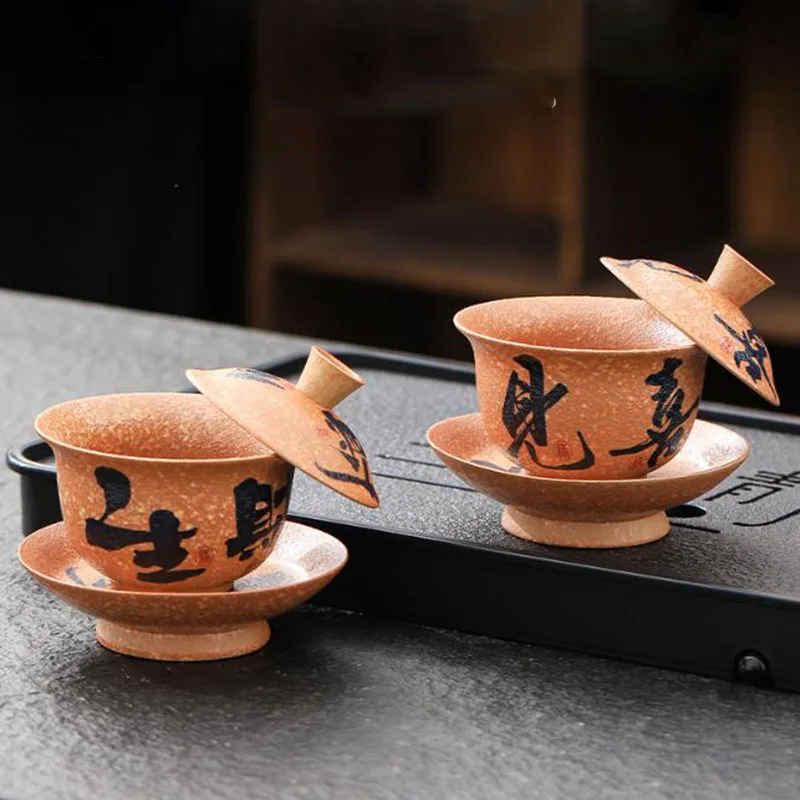Chinese Style Retro Tea Tureen Flint Red Color Sancai Gaiwan Ceramic Crafts Kungfu Tea Bowl Cup Kitchen Drinkware