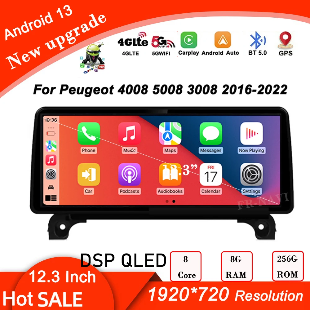 

12,3 дюймовый 1920*720P Android 13 для Peugeot 4008 5008 3008-2016 Octa Core FM RDS автомобильный радиоплеер GPS стерео система 4G WIFI