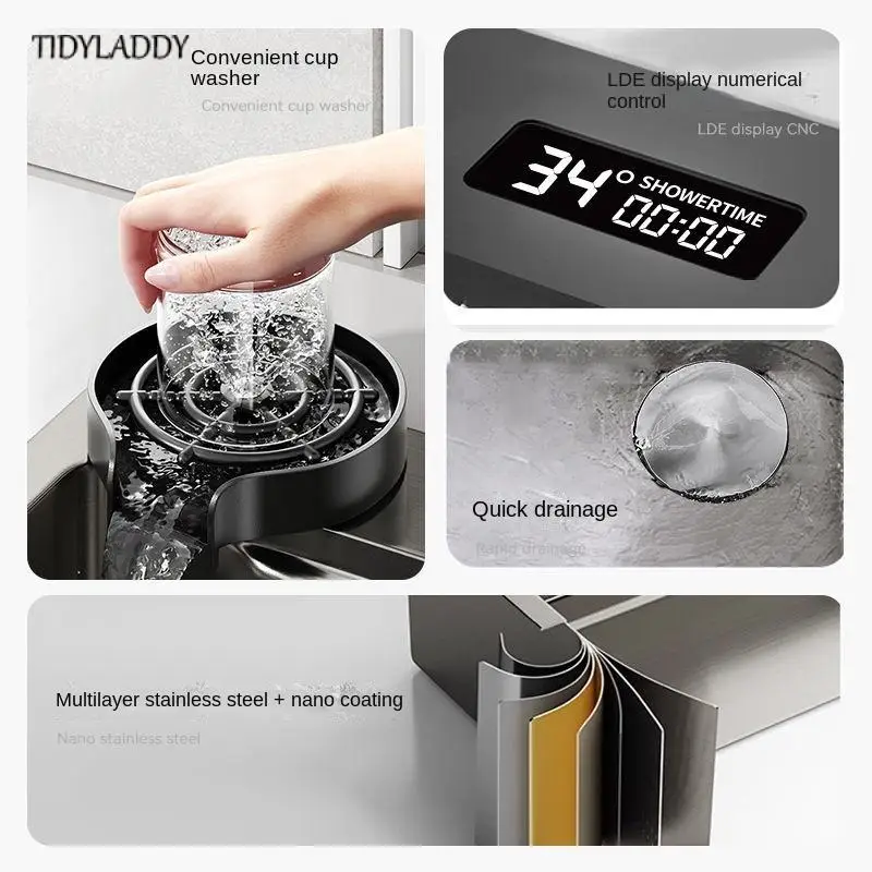 Digital Display Waterfall Sink Multifunctional Stainless Steel Large Single Slot Kitchen Accessories Gourmet Faucet Kitchen images - 6