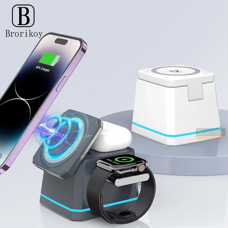 Supporto Per Caricabatterie Wireless Magnetico 3 In1 Per Iphone 15 14 13 12 Promax Apple Watch 1-8 Airpods Pro Macsafe Fast Charger Station Dock