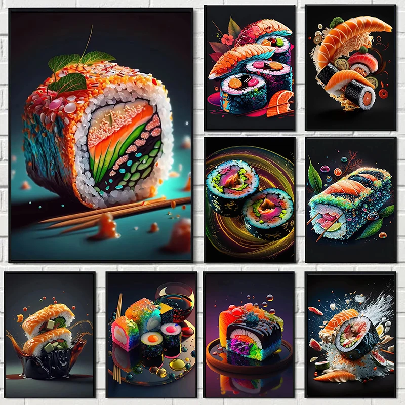 Japanese Salmon Sushi Canvas Wall Art - Cute Aesthetic Poster for Kitchen and Home Decor