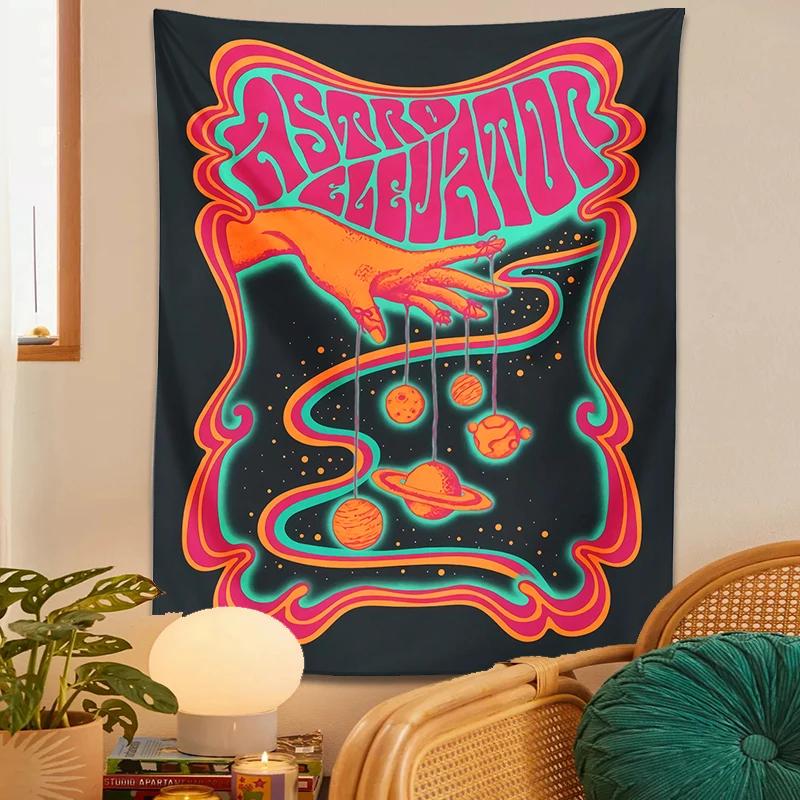 Tapestry Decorations Psychedelic planet Tapestry Wall Hanging color Hippie hand Art black Bohemian for Living Room Home Dorm Decor cloth