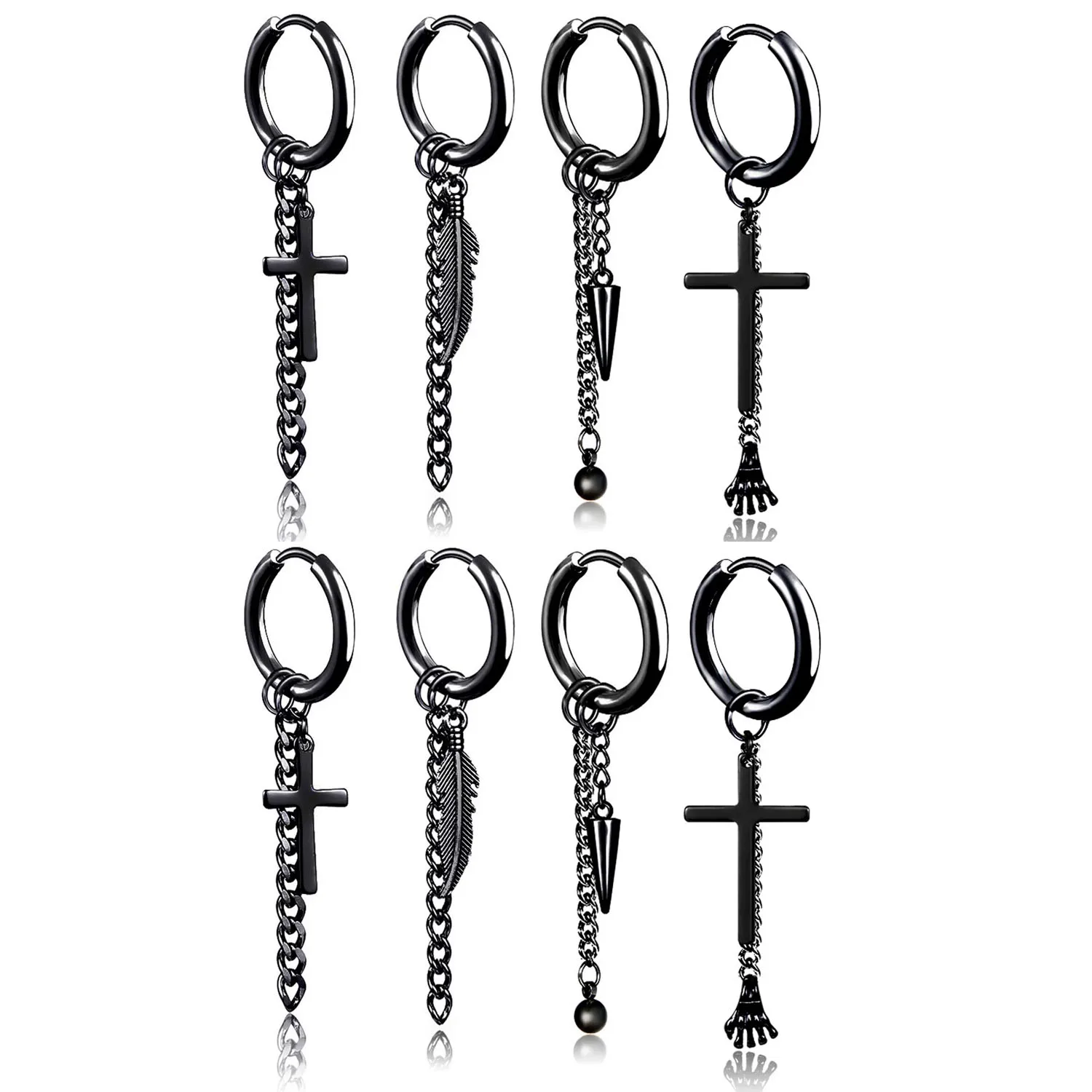 

8PCS Men Women Stainless Steel Cross Feather Spike Ghost Hand Tassel Dangle Hoop Earrings Black Silver Punk Piercing Jewelry Set