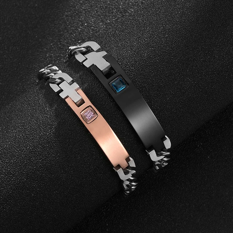 

Customized Stainless Steel Couple Lover Bracelet For Men Women CZ Stone Engraved Text Date Name Bracelets Jewlery Gift