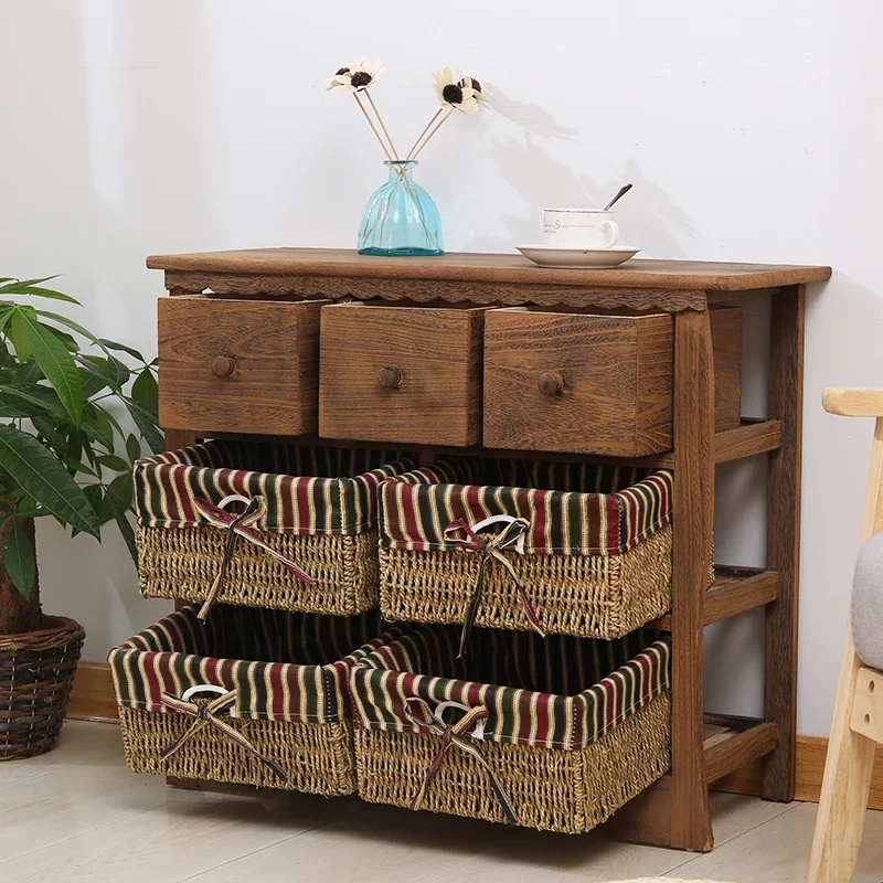 

American country rustic retro solid wood color bedside table rattan storage small cabinet simple drawer storage cabinet