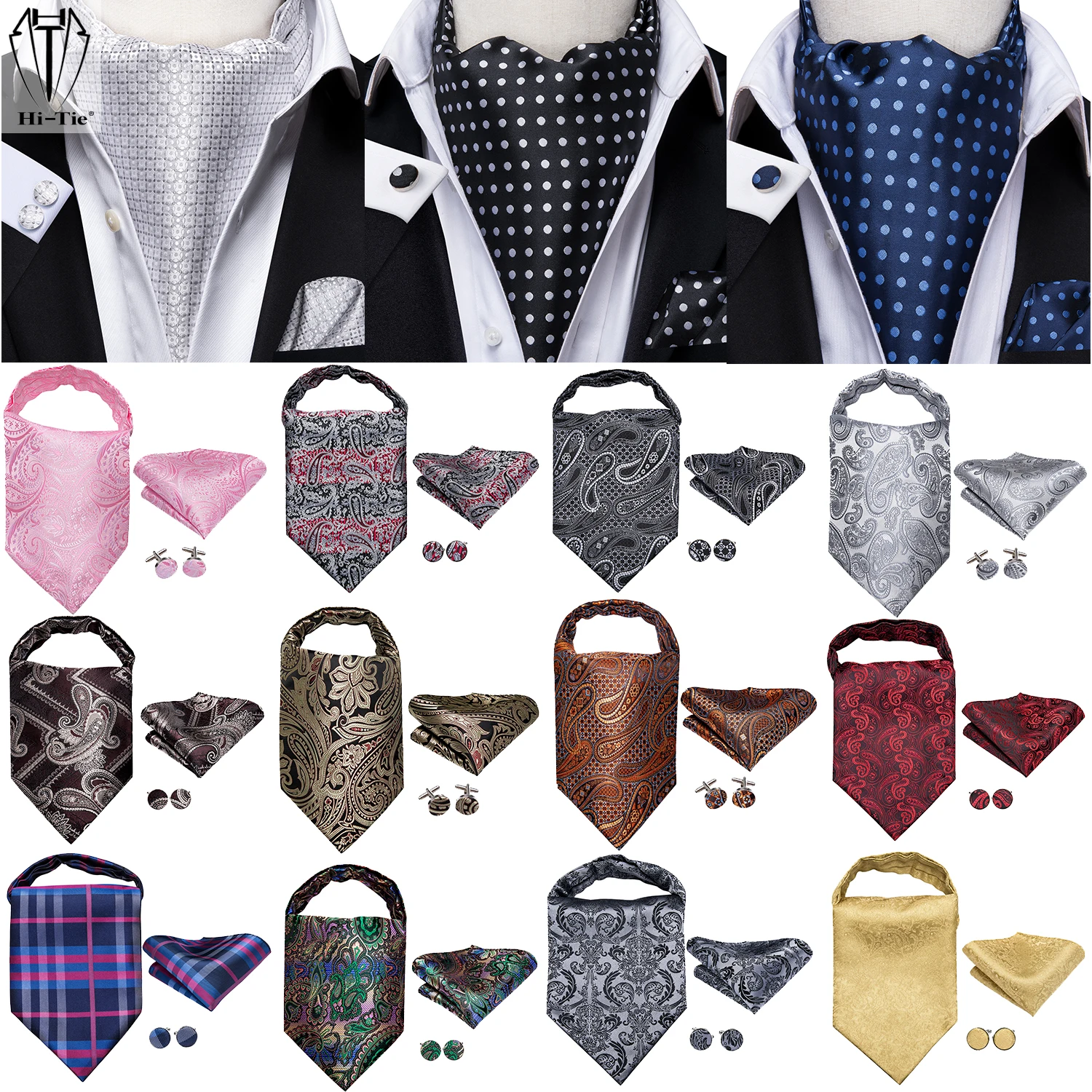 Фото Hi-Tie шелковые мужские Ascots Hanky запонки набор Жаккард Пейсли Цветочный галстук-бабочка винтажный Ascot черный серый красный золотой розовый синий №1