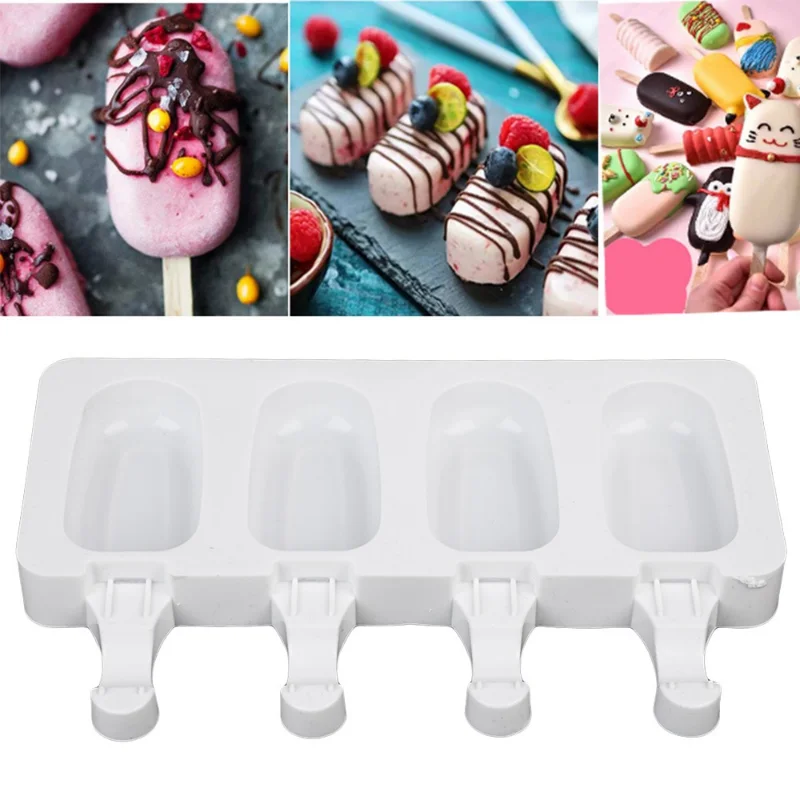 4-Cavity Baking Mini Silicone Ice Cream Molds Popsicle Molds Cake Chocolate Cakesicle Mold DIY Ice Pops Oval