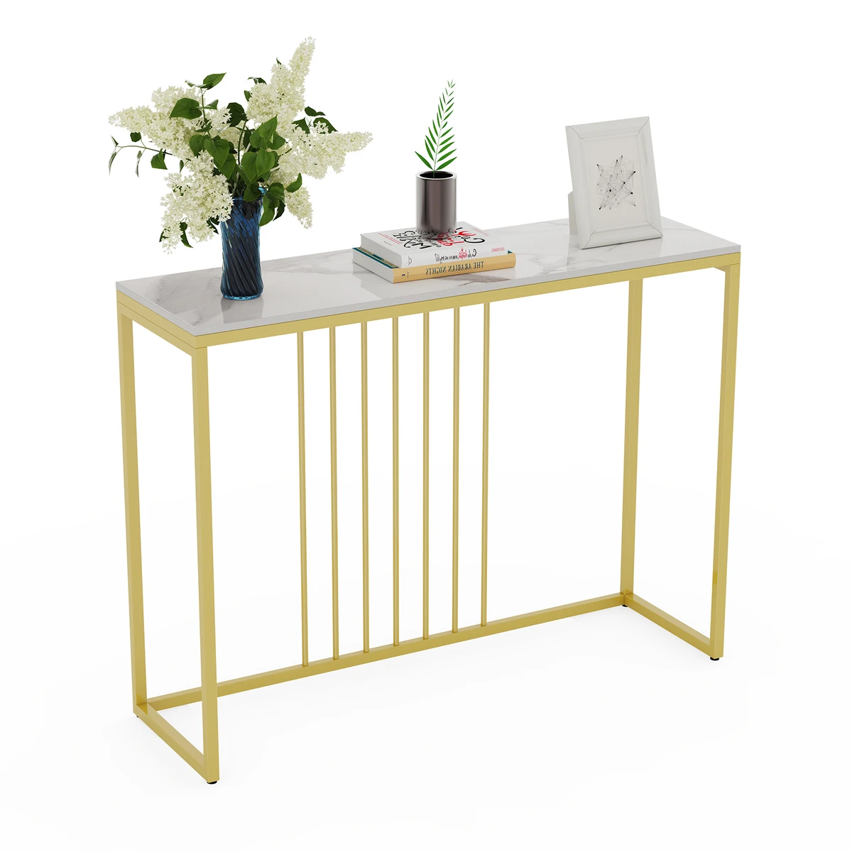 Modern Accent Console Marble Table Gold Metal Frame Storage Display Shelf Narrow Table for Hallway Entryway Living Room Entrance — view 5