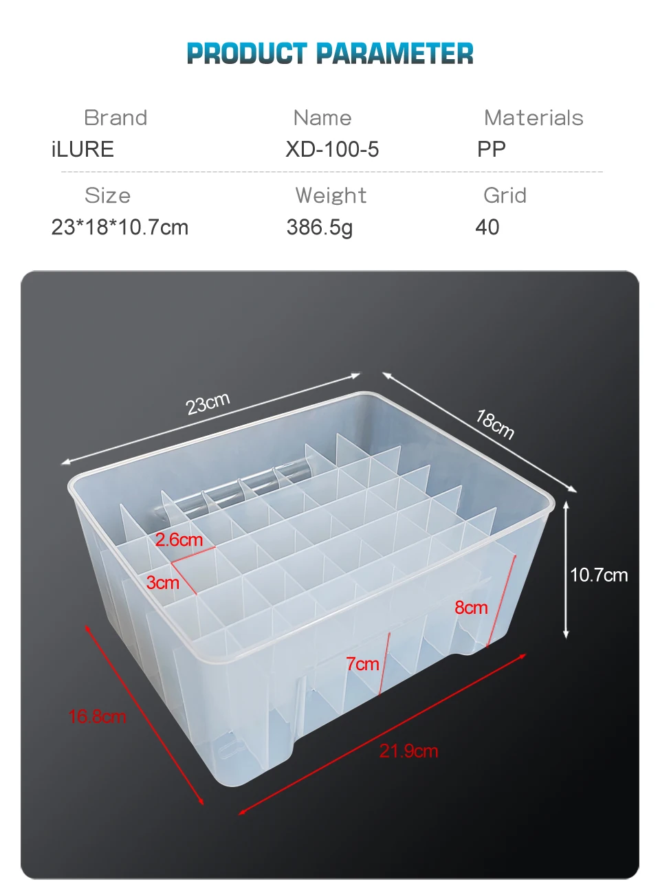 Description Picture 3 of item40 Grids Plastic Fishing Tackle Box Webfoot Octopus Egi Storage Organizer Lined Box Squid Jig Container Hard Lure Sea Tool Case