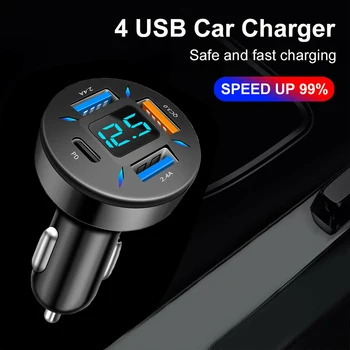 4 USB For QC3.0+PD USB Car Charger Fast Charging Digital Display LED Voltmeter 12V/24V Aluminum Alloy Car Phone Charger
