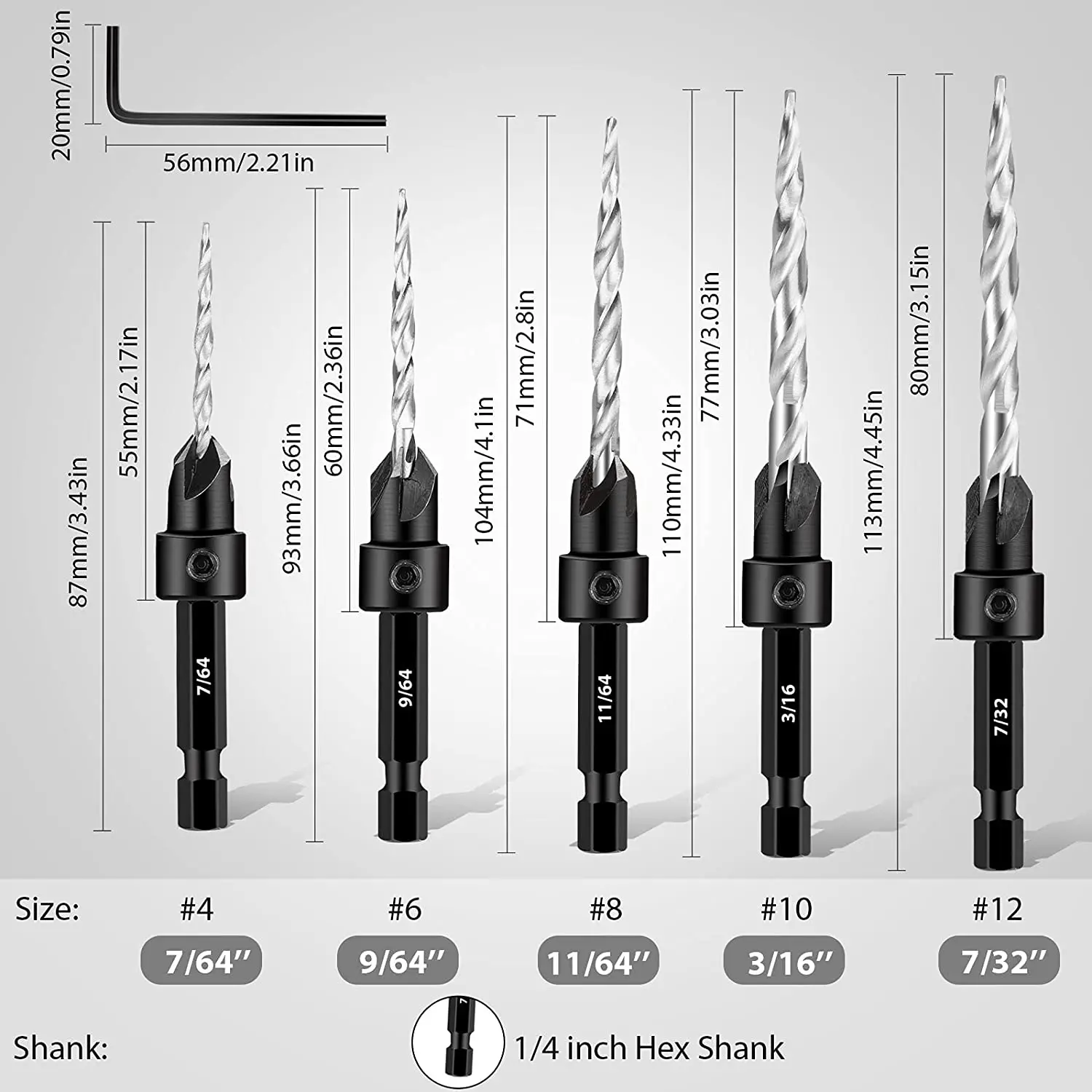 Wood Countersink Drill Bit Set 7/64 9/64 11/64 3/16 7/32 SAE Tapered Drill with 1/4\