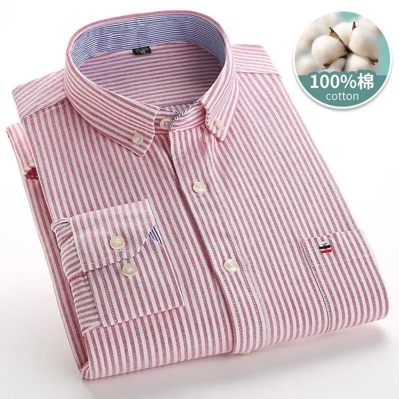 Men's Oxford cotton shirt with plaid stripes, long sleeved pockets, casual shirt, regular style, button up shirt size S~7XL