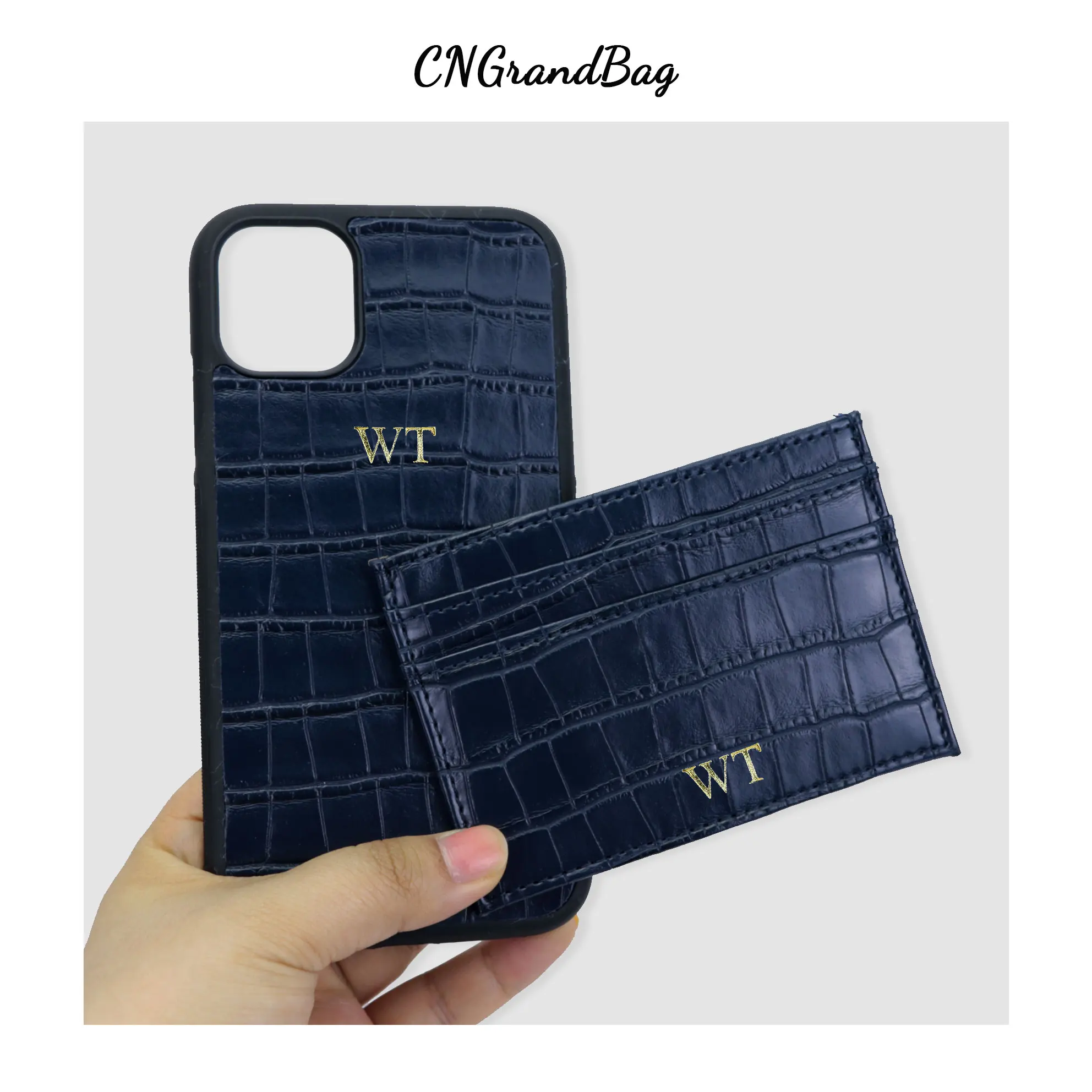 Personalized Initials Custom Gift Set Name Phone Case For IPhone 15 14 13Pro Max Crocodile Embossed PU Leather Card Holder Cover