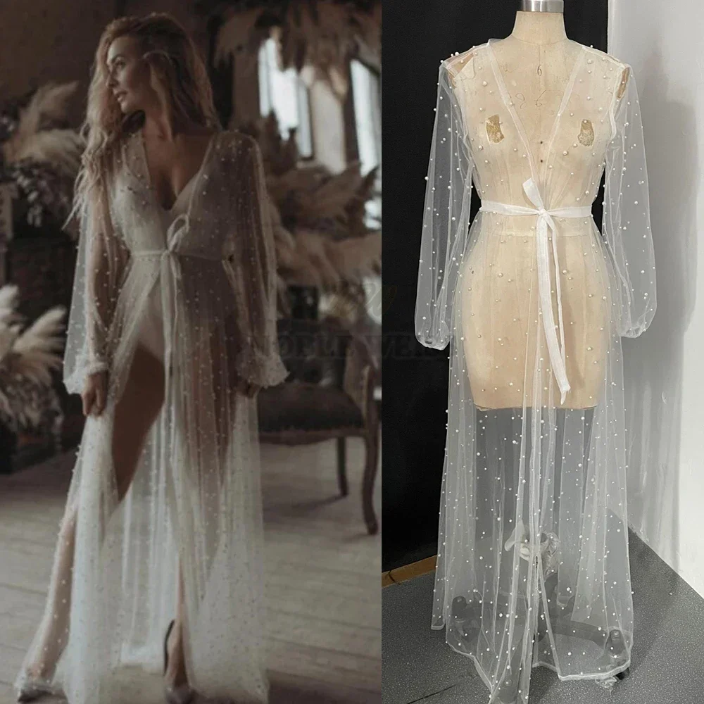 Pearl Long Sleeve Wedding Jacket Tulle Party Shawl BOLERO Floor-Length Bridal Cape Sexy pearl robe Customized