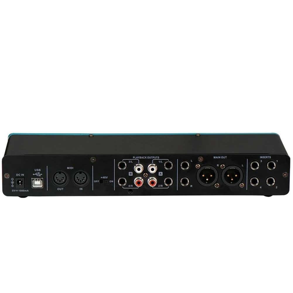내장 마이크 프리앰프가 있는 USB 오디오 인터페이스, 스튜디오 녹음용, 4x4 입력 출력, 컴팩트 휴대용, 블랙