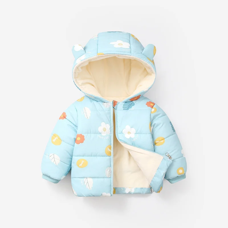 Baby Printed Hooded Puffer Jacket Infant Warm Fleece - Lined Coat Bear Ear Design