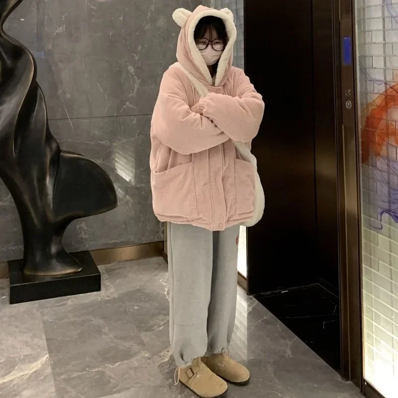  New Winter Cotton Jacket Women's Corduroy Jacket  New Thick Cute Embroidery Bear Snowman with Ears Hooded Cotton Jacket