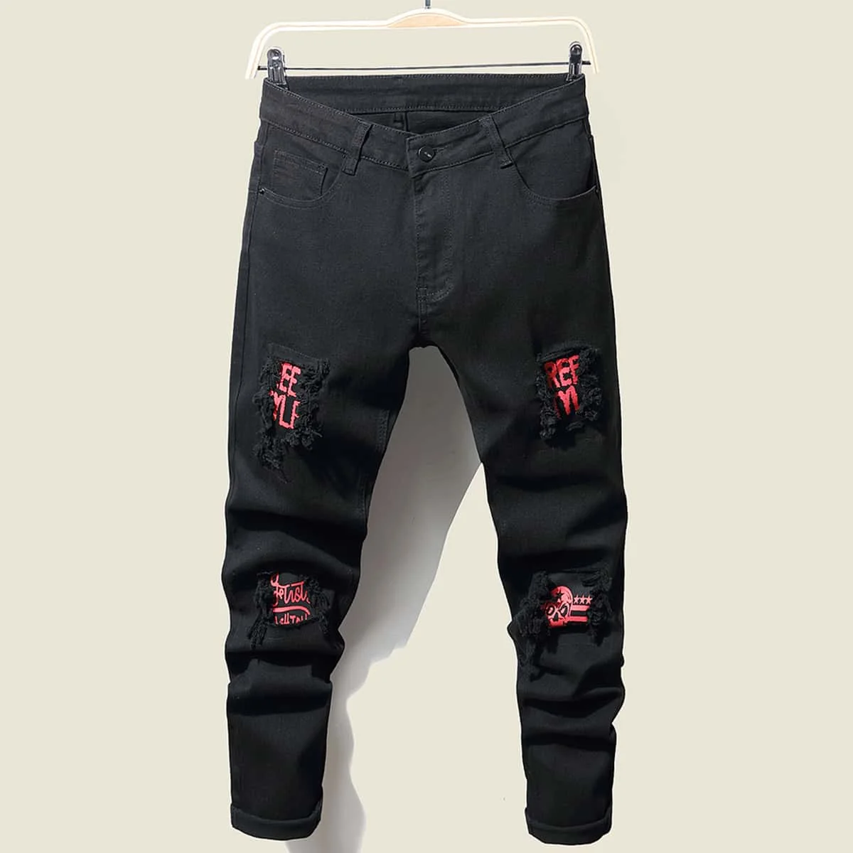 

Men Stretchy Ripped Skinny Biker letter Cartoon Print Jeans Destroyed Hole Slim Fit Denim High Quality Hip Hop Black Jeans