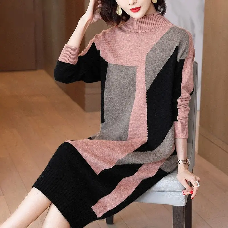 

Autumn Winter 2023 New Casual Patchwork Half High Collar Pullover Loose Office Lady Dress Oversize Women Knitting Dresses