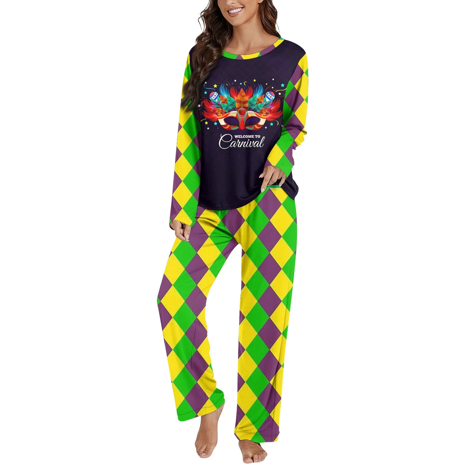 

Women 2 Piece Mardi Gras Printed Set Long Sleeve Button Down Shirt Wide Leg Palazzo Pants Outfits Matching Sets Pajamas