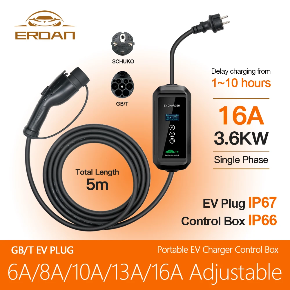 Câble De Recharge Voiture électrique Type 2 - 5 Mètres, 3.6kW, 16A - Compatible Bornes Publiques Et Maison - Étui Inclus