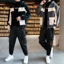 

2021 winter lamb wool suit men warm a set of clothes trend collocation overalls pants men