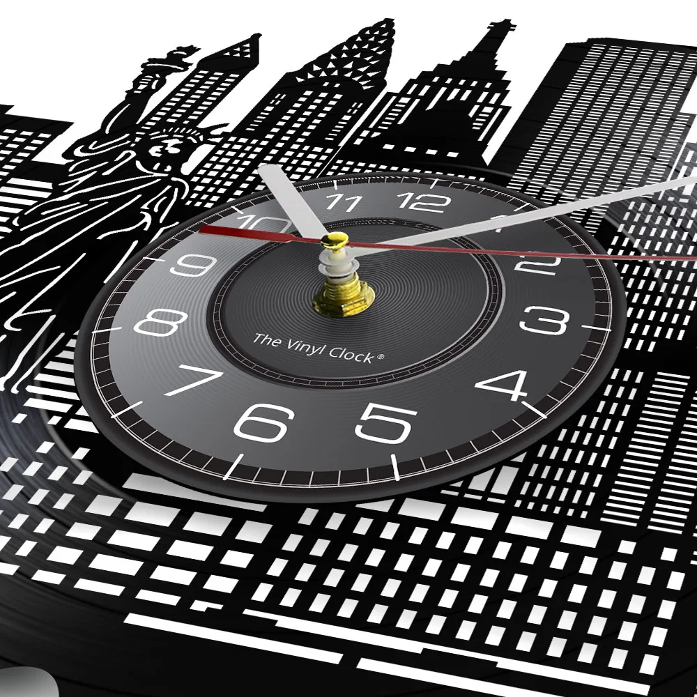 New York Skyline Landmark Statue Of Liberty Vinyl Record Wall Clock Bedroom Office Decor New York Skyscrapers Retro Wall Clock 2