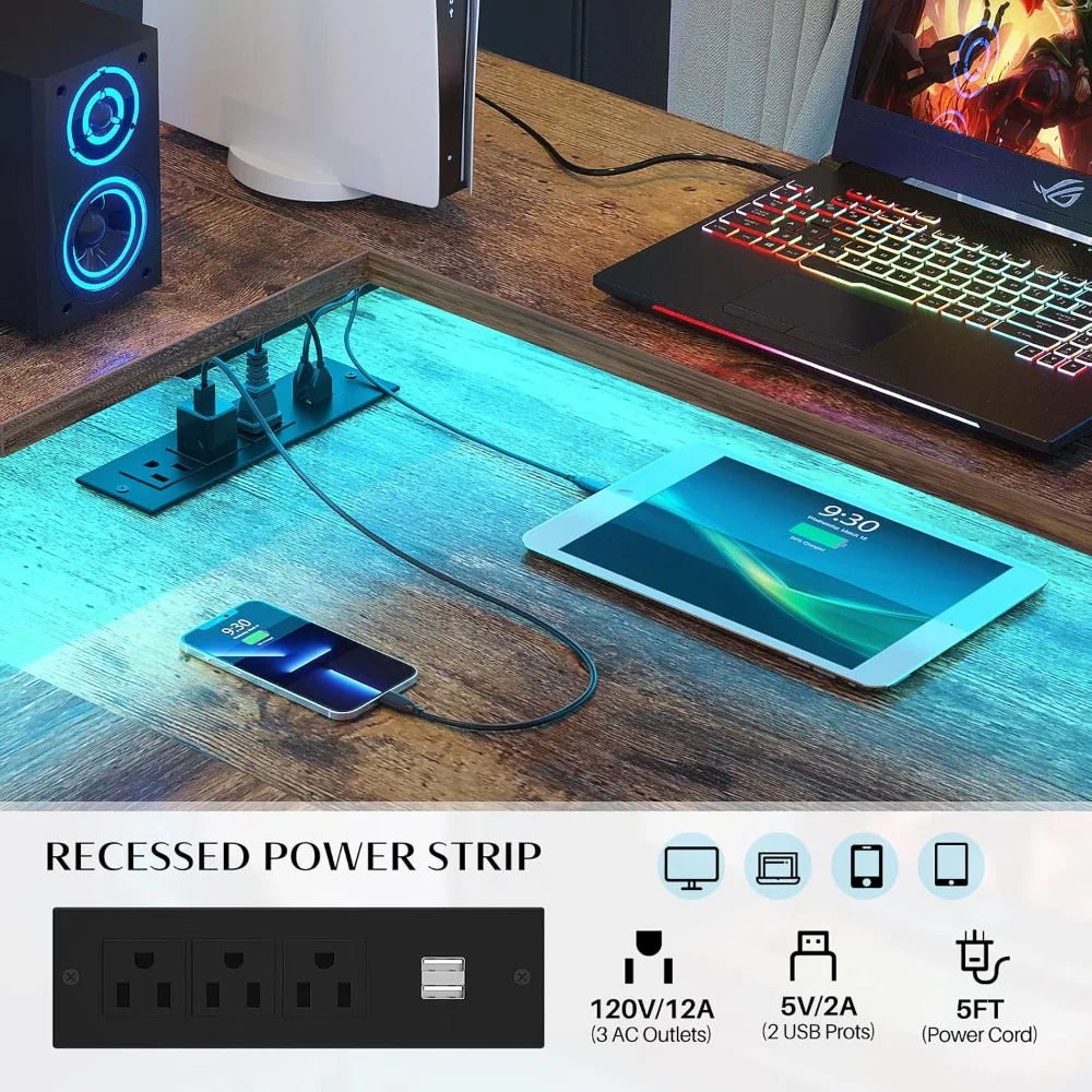 "versatile l-shaped desk with integrated power outlet and led lighting, reversible for dual-purpose use with storage drawer, ide