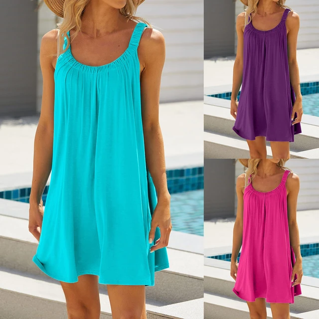 Sun Dresses Women Summer Beach Sleeveless T Shirt Dress Flowy Tank Tops  Bohemian Casual Swing Sundresses at  Women's Clothing store