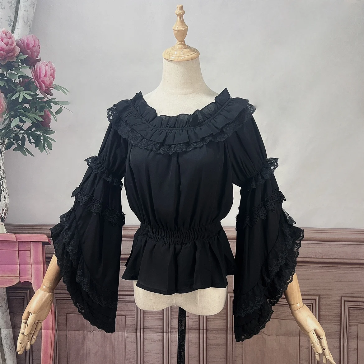 Fashion Lolita Off-Shoulder Bell Sleeve Solid Color Blouse for Women 2023 Summer Japanese Sweet Cute Lace Slimming Shirts