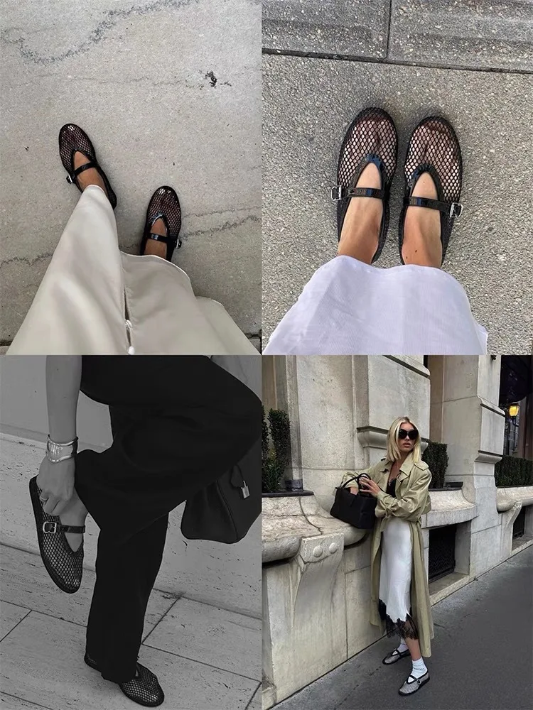 Fashionable Mesh Women's Ballet Mary Jane Shoes Summer Walking Shoes Round Toe Buckle Flats