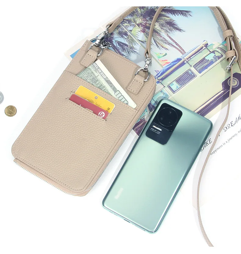 Genuine Leather Mini Shoulder Crossbody Bag Woman Adjustable Straps Zip Messenger Bags Multi-Card Slots Phone Bag with Keychain