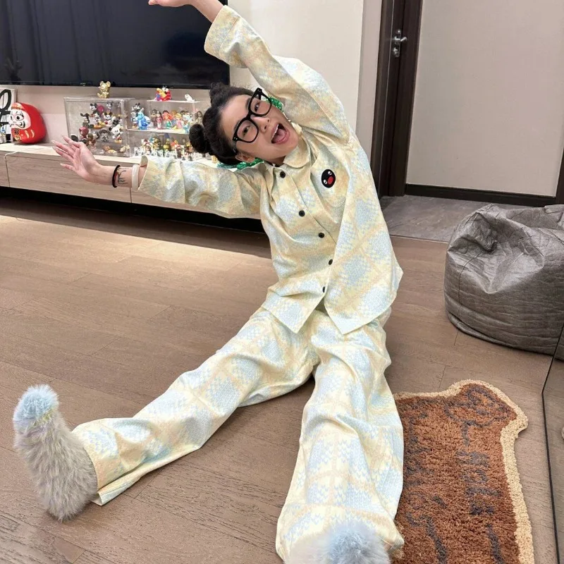 Korean Version Printed Pajamas Women Spring Long Sleeve Pyjamas 2024 New Relaxed Leisure Home Wear Set Plaid Lapel Nightdress
