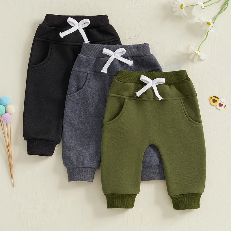 Baby Boys' 3-Pack Pull-on Jogger Pants Knit Pants Classic Fit Elastic Waist Kids Toddler Thick Pants Multipacks Long Pant Winter 3