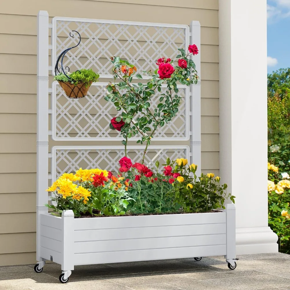 

3.6x1.5x5FT Planter Box with Trellis and Lockable Wheels,Raised Garden Bed for Vines and Climbing Plants with Drain Plug