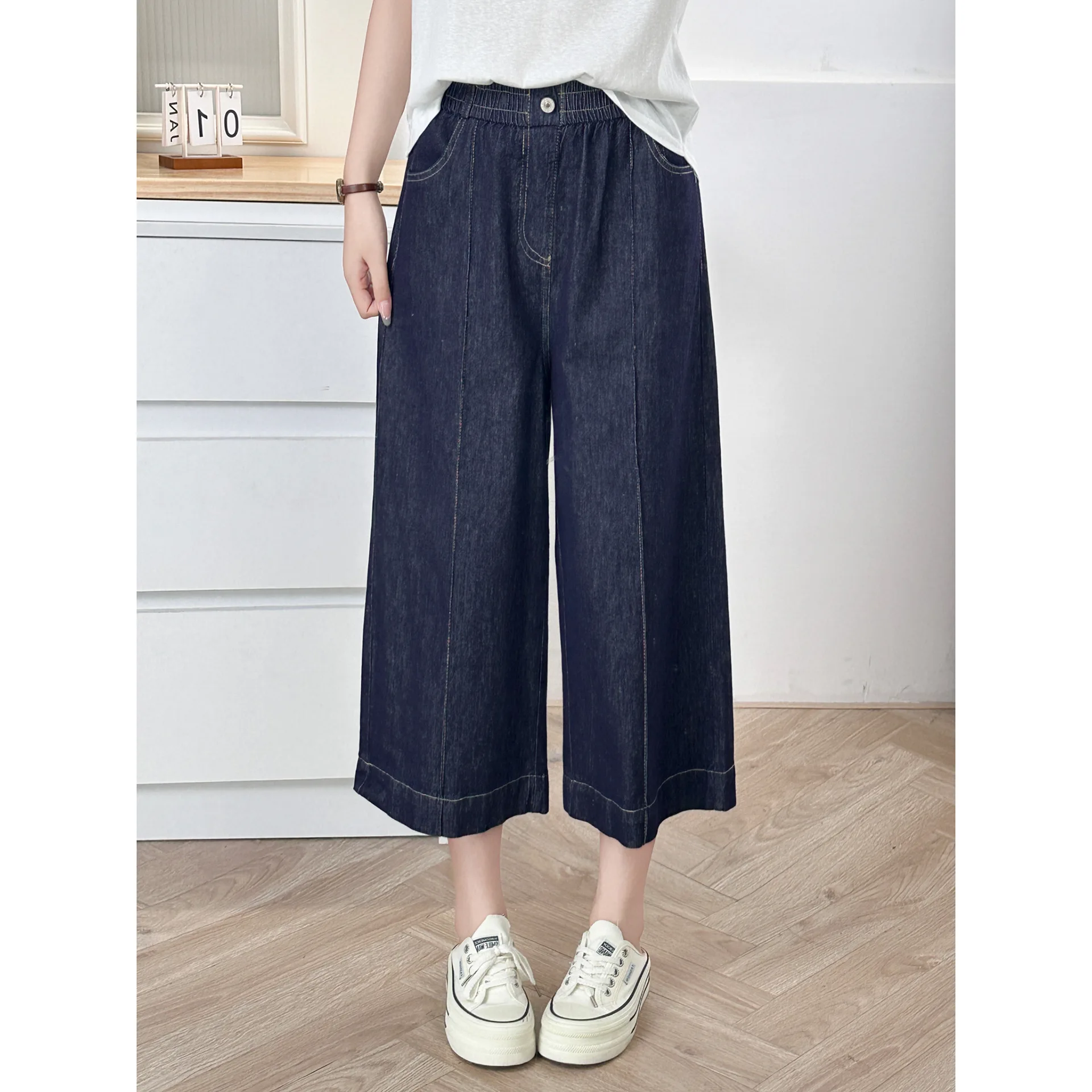 100KG Summer New Casual High Waiste Thin Lyocell Denim Capri Pants Plus Size Women Wide Leg Jeans 448