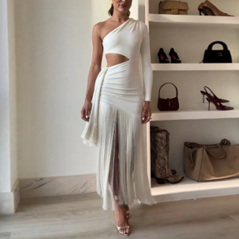 Summer Irregular Sexy Hollow Backless Dress Folds Sleeveless Inclined  Shoulder Women Dress Holiday Solid Slim Tassel Party Dress - AliExpress  200000345