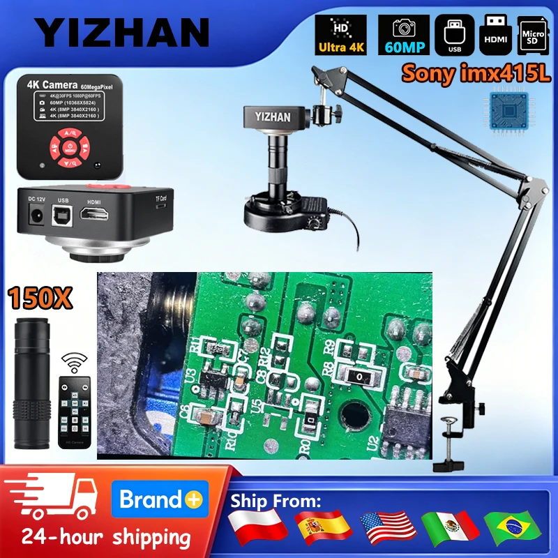 Microscopio Digital Industrial de Escritorio YIZHAN 4K 60MP/48MP/13MP con Cámara HDMI VGA USB, Lupa Electrónica HD con Soporte de Tipo Abrazadera