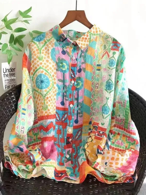 Summer Digital Print Women's irt Linen Material Small Brand Artistic Ethnic Sle Loose Fit Button up Long Sve Blouse