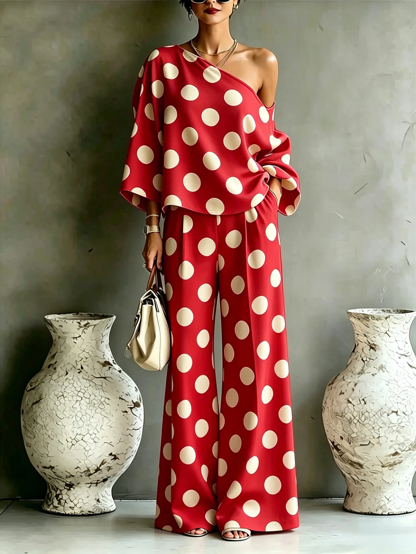 Summer New Color Wave Point Set Women Slant Shoulder Open Back Top+High Waist Wide Leg Pants Vacation Style Loose 2 Piece Suit 5