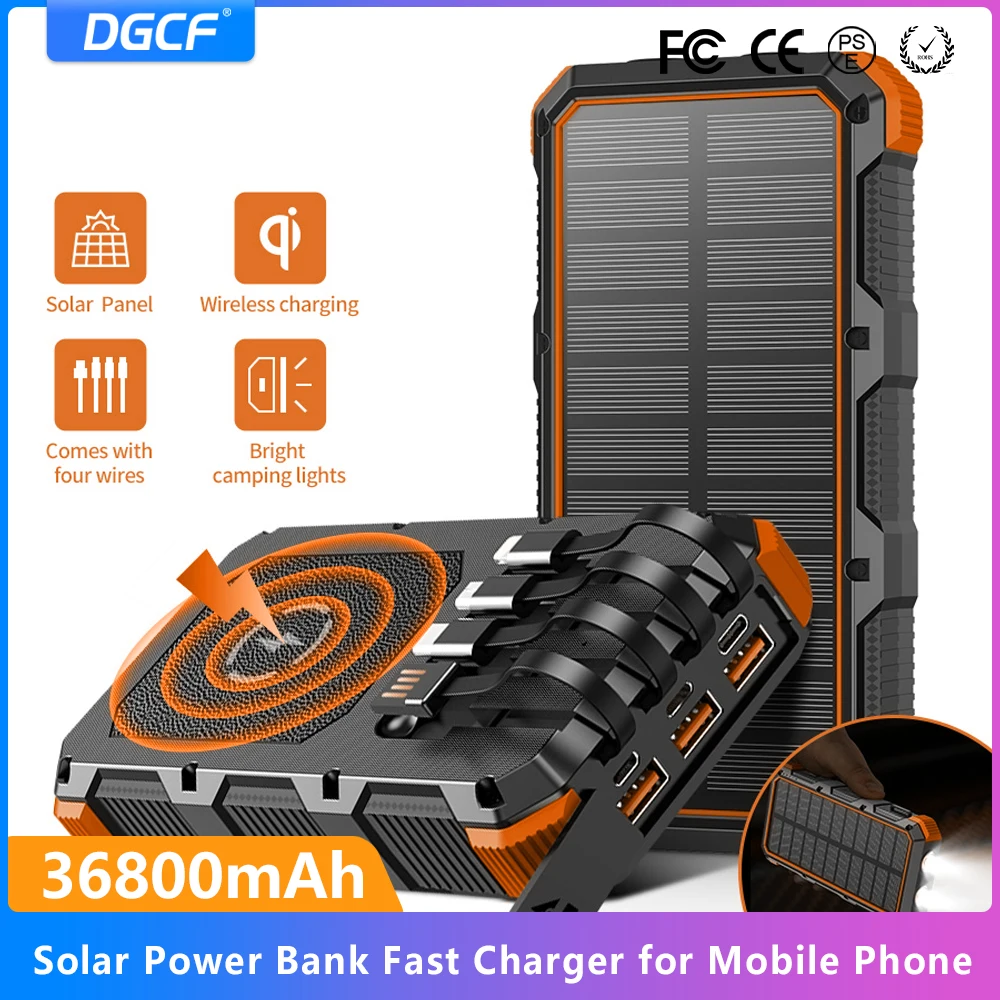 

Solar Power Bank 36800mAh Wireless Solar Fast Charge Built-in Cable 4USB External Battery for Xiaomi IPhone Emergency Powerbanks