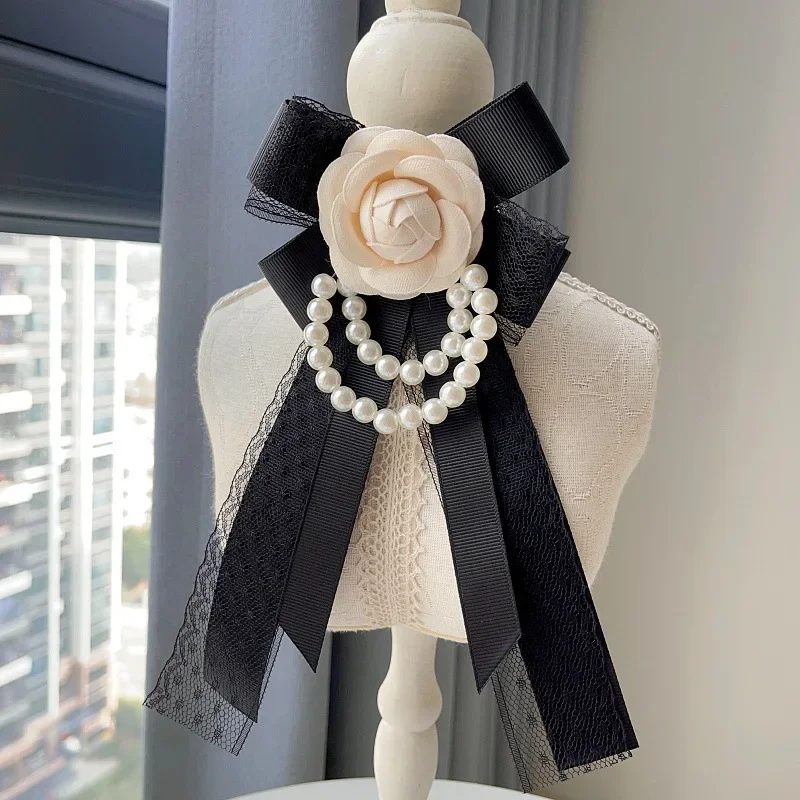 Bow Tie Women's Bow Tie Brooch White Camellia Pearl Chain Lace Ribbon Handmade Jewelry Korean College Style