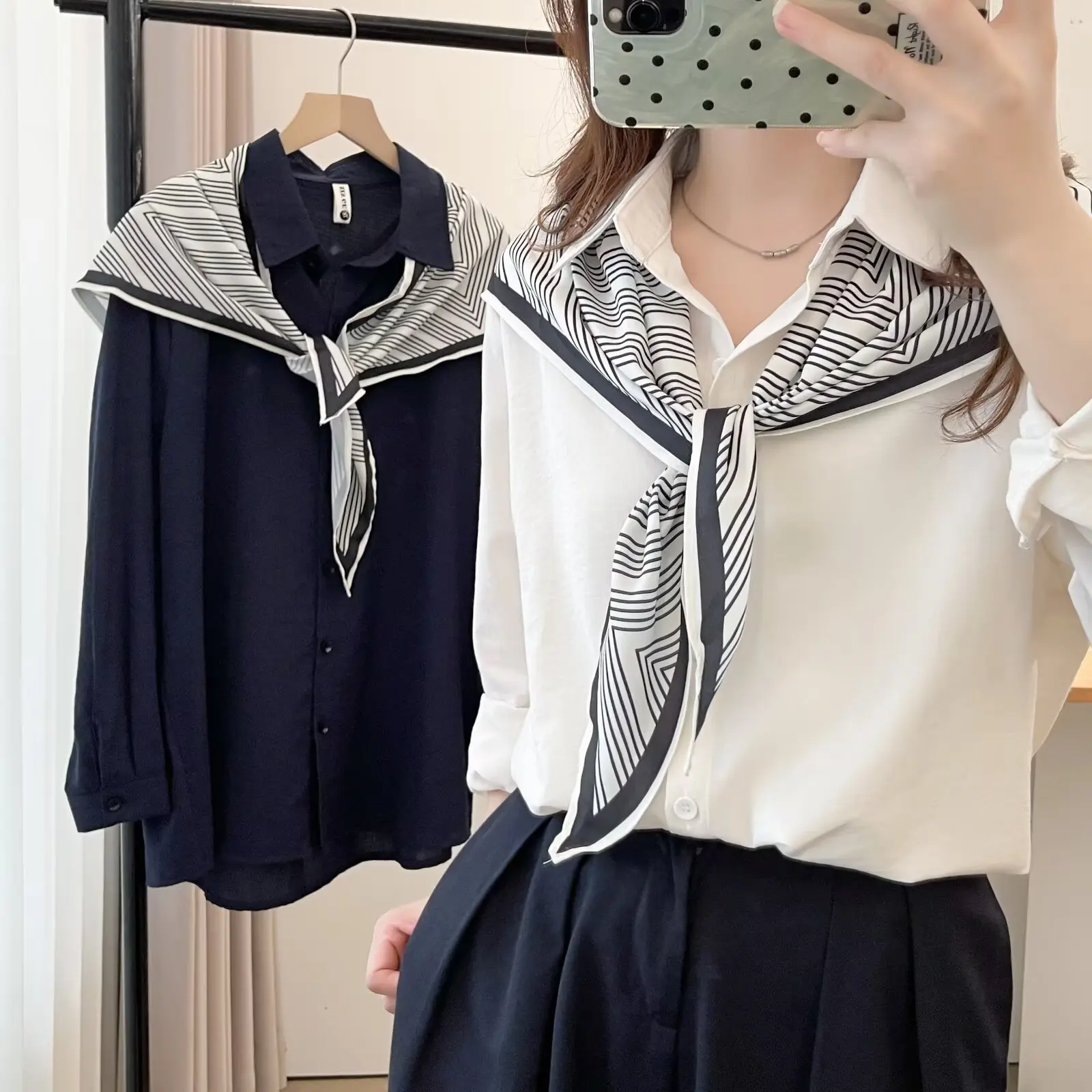 Fashion Plus Size Women's Blouses New Autumn Stylish Long Sleeve Shirt And Silk Scarf 2553