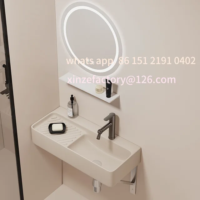 อ่างล้างหน้าเซรามิกติดผนังแบบแคบพิเศษสำหรับฤดูหนาว ปรับแต่งได้ สีครีม ใช้สำหรับล้างหน้า ซักผ้า ติดตั้งบนระเบียง แบบแขวนเรียบง่าย 1