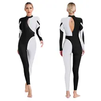 Womens Ballet Dance Gymnastics Leotards Figure Skating Acrobatics Performance Costume Long Sleeve Rhinestones Jumpsuit Bodysuit