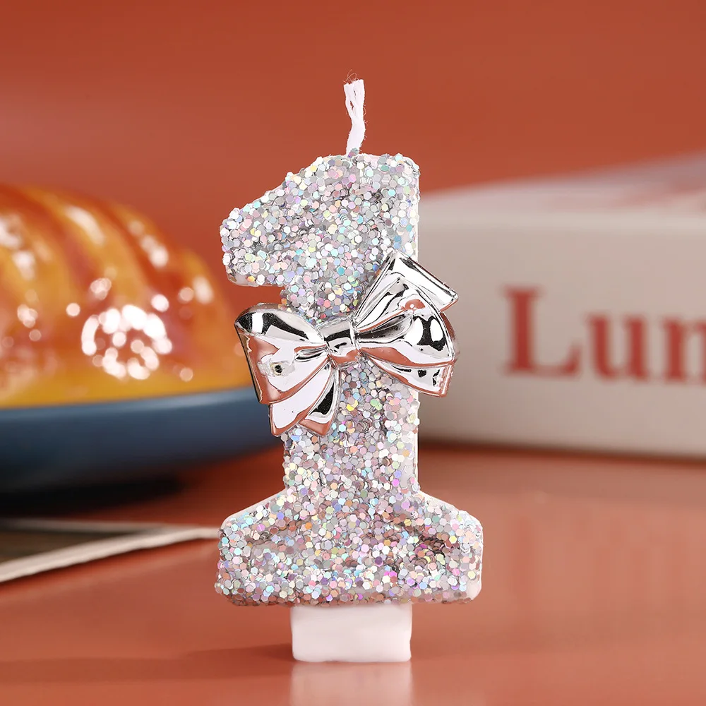 Creative 0-9 Number Candles with Silver Glitter Bow Birthday Cake Topper Decoration for Party Supplies