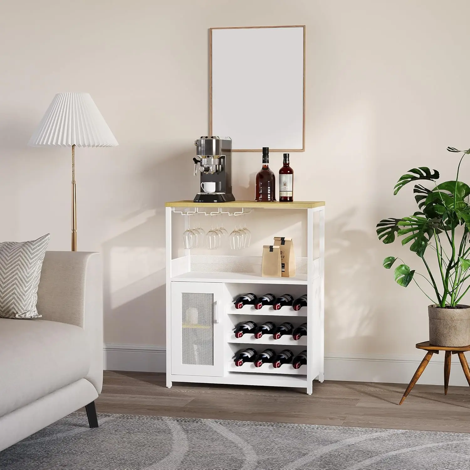 UK Bar Cabinet, Wine Rack Cabinet with Detachable Wine Rack, Adjustable Shelves Coffee Bar Cabinets with Mesh Door and Baffle De