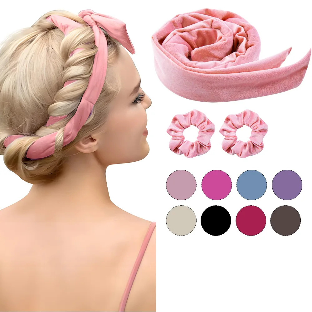 3pcs Satin Heatless Curling Set Extra Long Heatless Velour Curling Rod Headband Women No Heat Soft Cotton Ribbon Kit