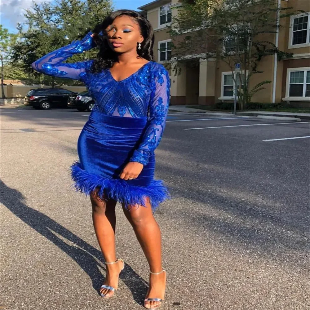 

Luxurious short Royal blue sequined PROM Dress with feathers 2024 new sexy V-neck Long Sleeve Party Formal Graduation Gown