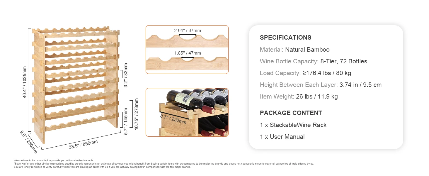 SucceBuy 48/72 Bottle Stackable Modular Wine Rack Free Standing Wine Storage Rack Bamboo Wine Holder Display Shelves for Cellar